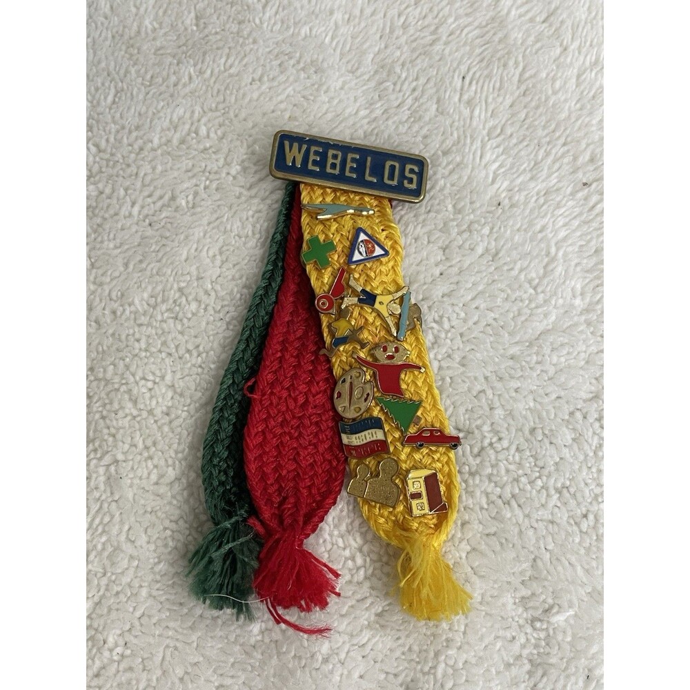 Vintage Boy Scout Cub Scout Webelos Tri-colored Ribbon With 14 Activity Pins